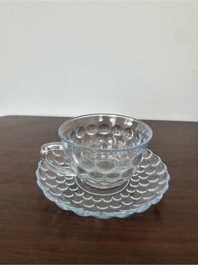 Sapphire Blue Bubble Depression Glass Teacup and Saucer Set